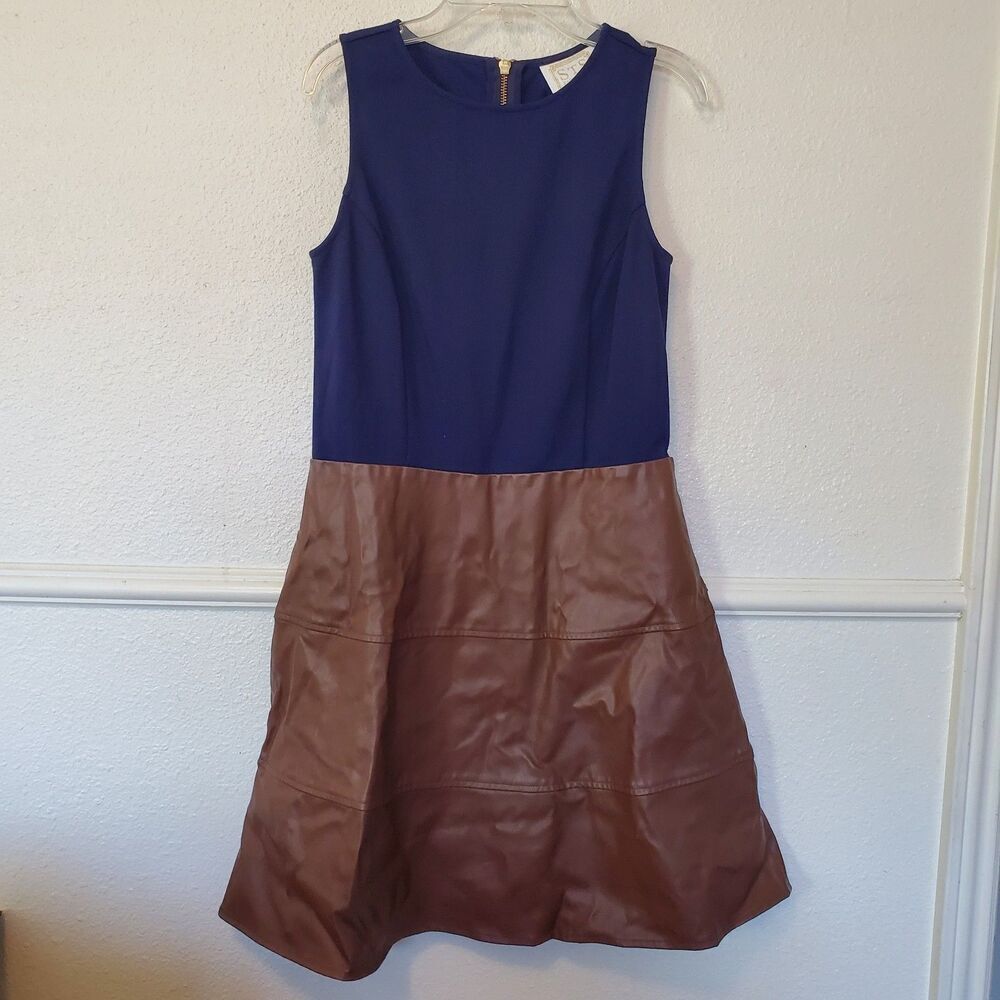 STS Sail to Sable Sleeveless Dress With Faux Leather Skirt Sz 2 Navy Blue Tan